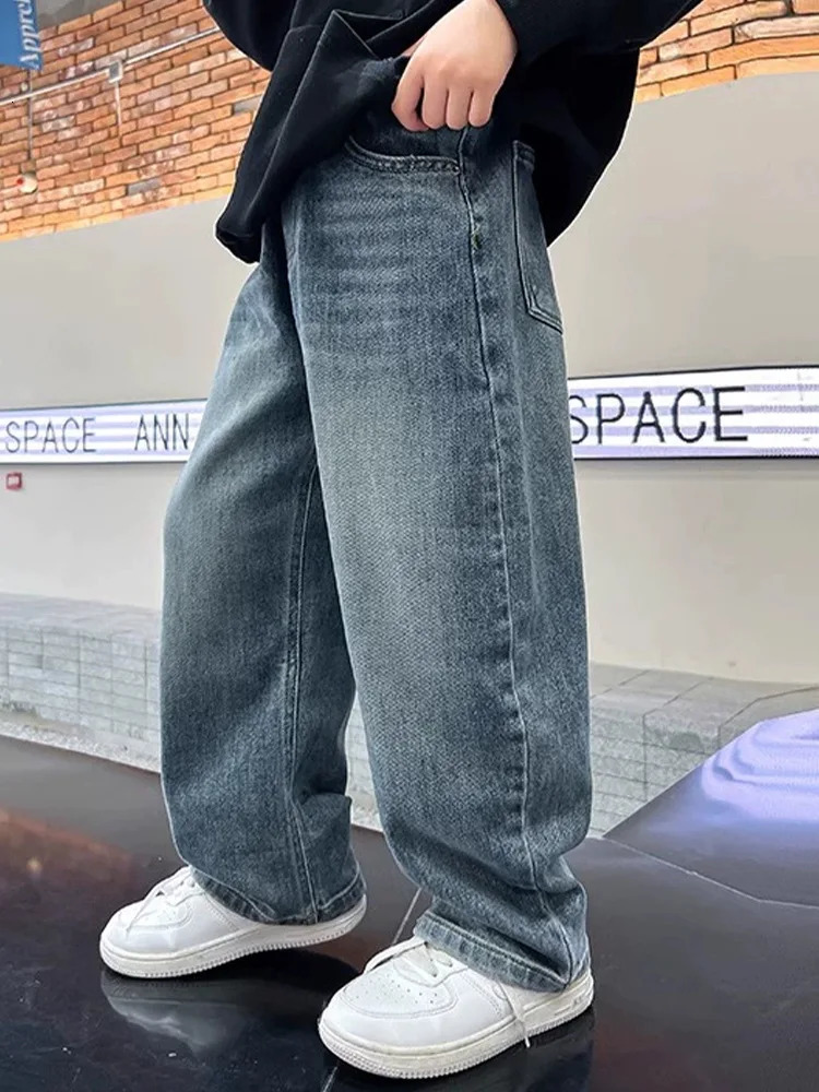 Trendy HighQuality Boys Jeans Soft Loose Straight Leg Wide Casual Versatile Childrens Pants 260311