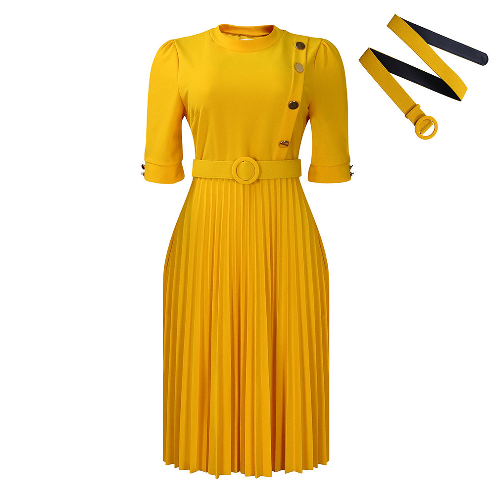 D433 Womens Clothing 2023 Autumn Winter New Elegant Solid Color Pleated Button Dress