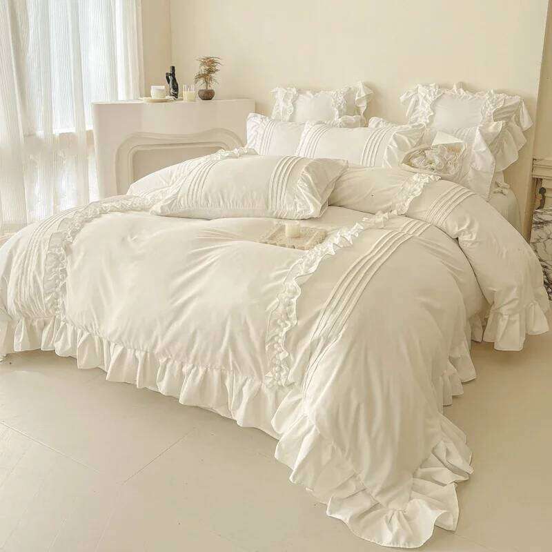 Korean Princess Bedding Set - 4PC Lace Trim Duvet Cover + Pillowcases Solid Color, Queen/King Size for Girls H260312