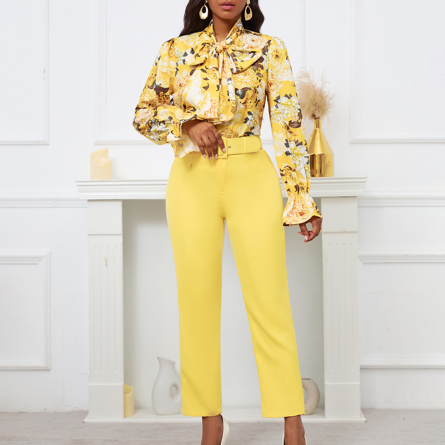 D457 New Fashion Printed Tie-Strap Long-Sleeve Top and High-Waisted Casual Pants Set