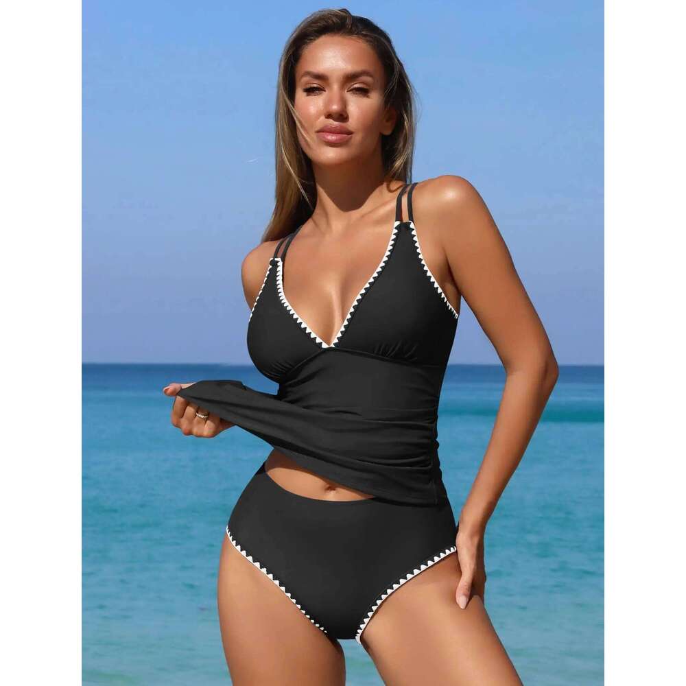 Womens Tankini Swimsuits V Neck Push Up Top Color Block Tummy Control High Waisted Bathing Suits Swim Bottom Y260303