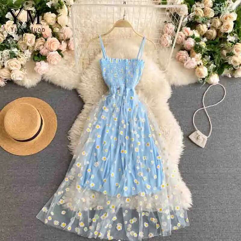YuooMuoo Korean Fashion Daisy Flower Print Mesh Party Summer Two Layers Spaghetti Strap Vacation Midi Dress Beach Vestidos C260311