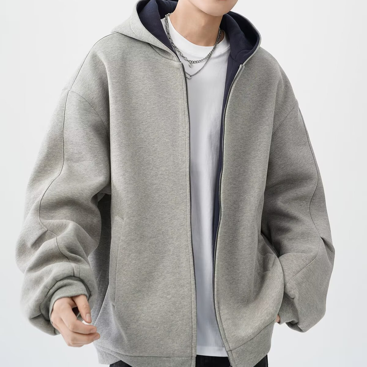 Double Zipper Heavyweight Cardigan Sweatshirt Men's Designer Hoodie Trendy Loose Casual Stiff Color-block Retro Hoodie Jacket For Men