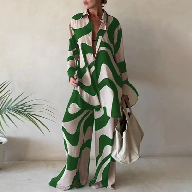 European and American Product Set Fashion Printed Loose Long Sleeved ShirtStraight Leg Pants for Women 260311