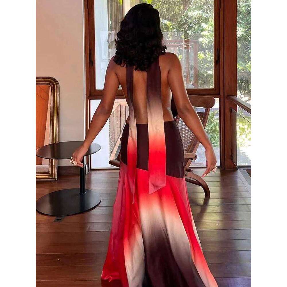 Sisterlinda Summer Release Junior Fashion Leisure Sexy High Street Long Dress K25D66166 Girl Printing Halter Slim Backless Robe C260312