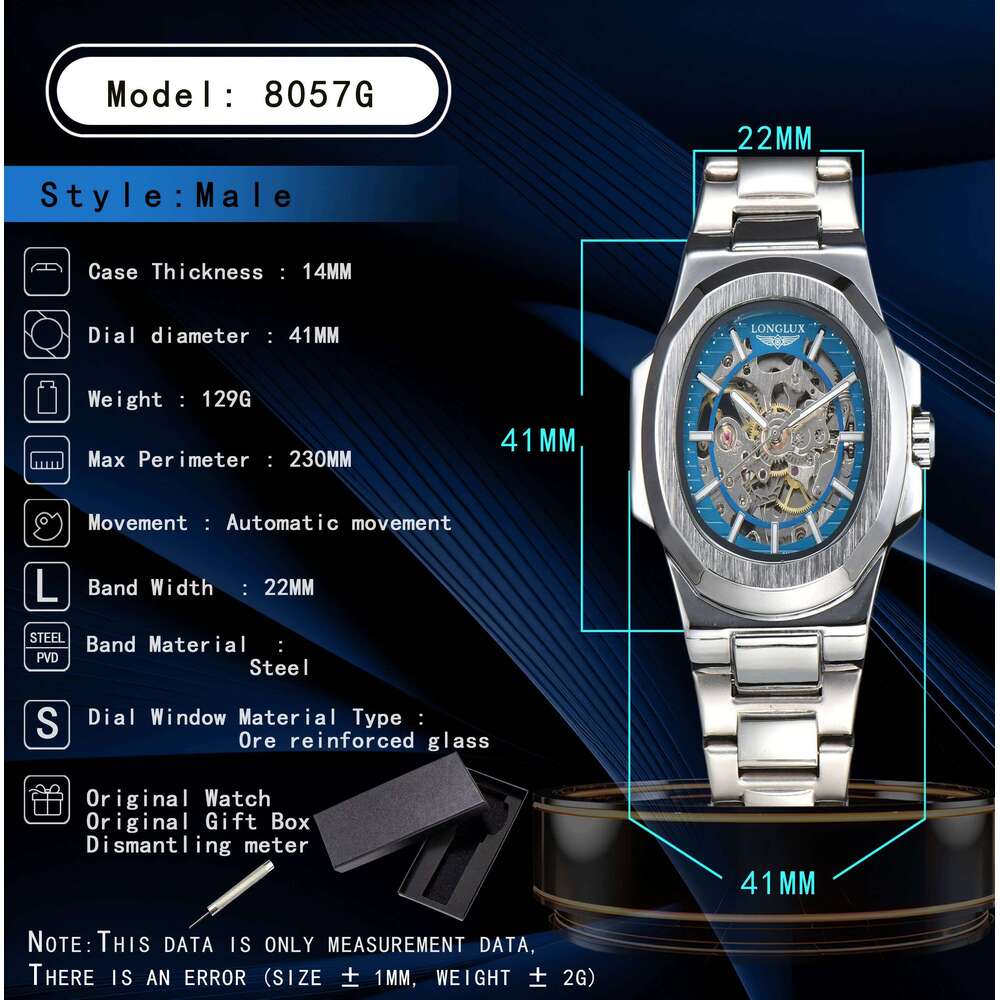 LONGLUX Men automatic mechanical luxury watches waterproof skeleton business cheap wholesale stainless steel gift watch
