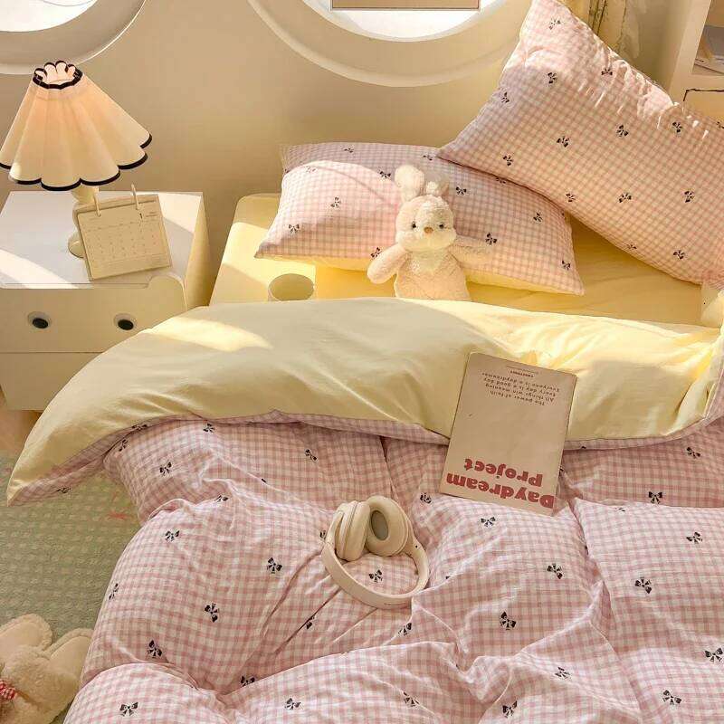 2025 New Quilt Washed Cotton Ins Style Bed Cover Four-piece Sheet Set - Bow Check Pillowcase Included for Students 150x200 H260312