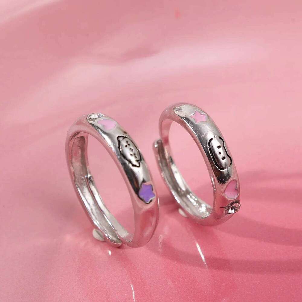 2PCS Korean Sliver Color Zircon Cute Dog Rings for Women Simple Cat Cartoon Couple Ring Fashion Best Friend Jewelry W260311