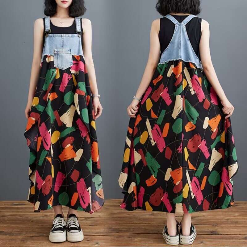 New fashion ruffled long loose-fitting European and American plus-size denim suspender skirt, large hem dress, in stock 2026