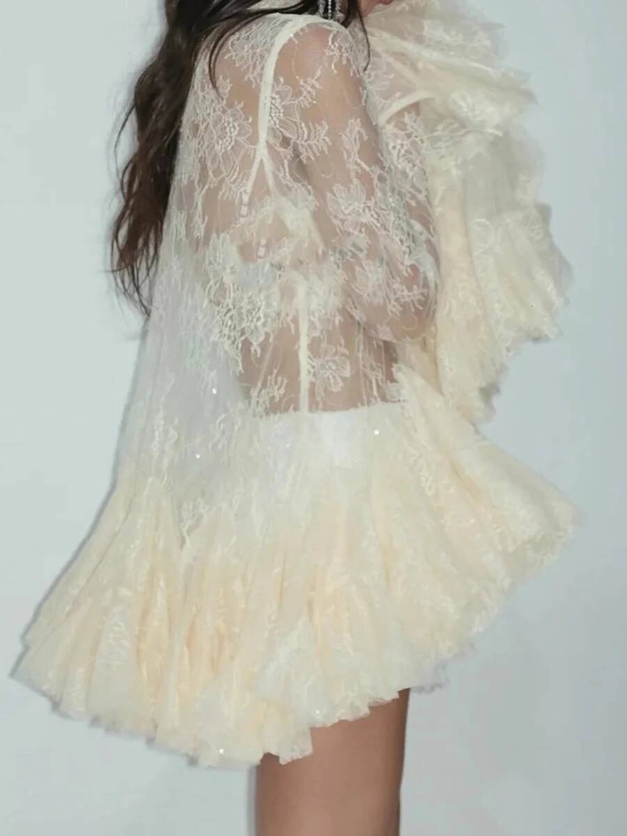 TWOTWINSTYLE Solid Sheer Spliced Lace Sexy Mini Dresses for Women Lapel Long Sleeves Patchwork Ruffles Folds Dress Female New