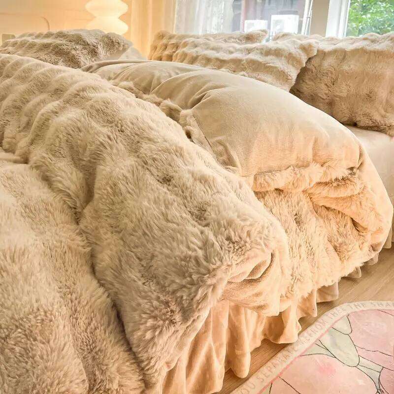 Class A Thickened Rabbit Quilt Cover Pillowcase Sheet Four-piece Double-sided Milk Coral Plush Flannel Bed Set H260312