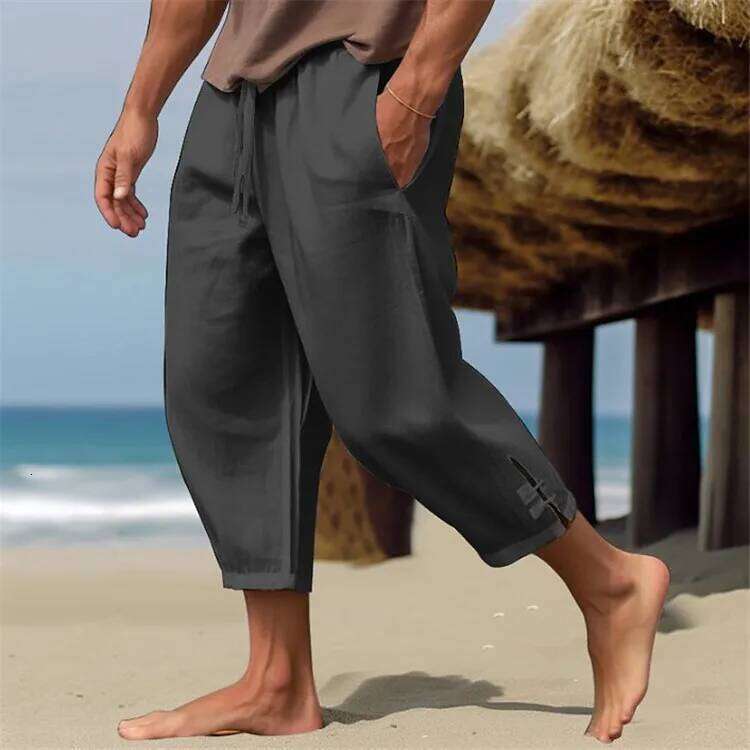 Men's Linen Summer Beach Spring Elastic Waistband Comfortable and Breathable Calf Captcha Pants