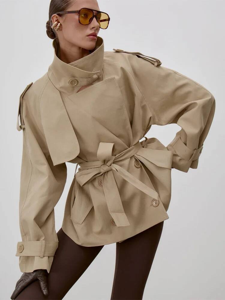 Chic Stand Collar Lace Up Trench Coat Women Long Sleeves Single Breasted Short Windbreaker Spring Lady Daily Street Jacket 2026