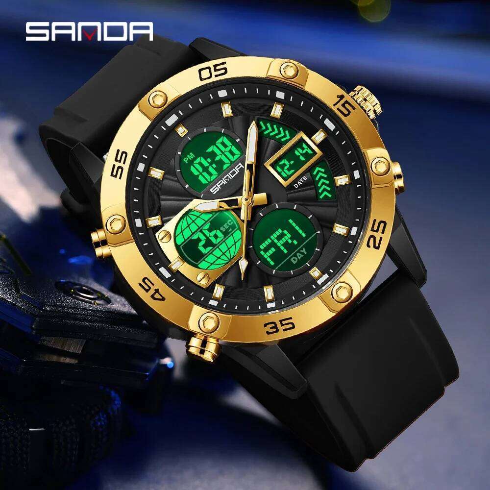 SANDA new 6239 fashionable men's sports watch with displays and dual movements, multifunctional 5ATM waterproof gift