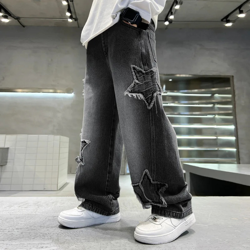 Fashion Teenager Boys Denim Wide Leg Pants Child Trousers Spring Autumn Star Splicing Raw Edge Jeans 514 Yrs Kids 260311