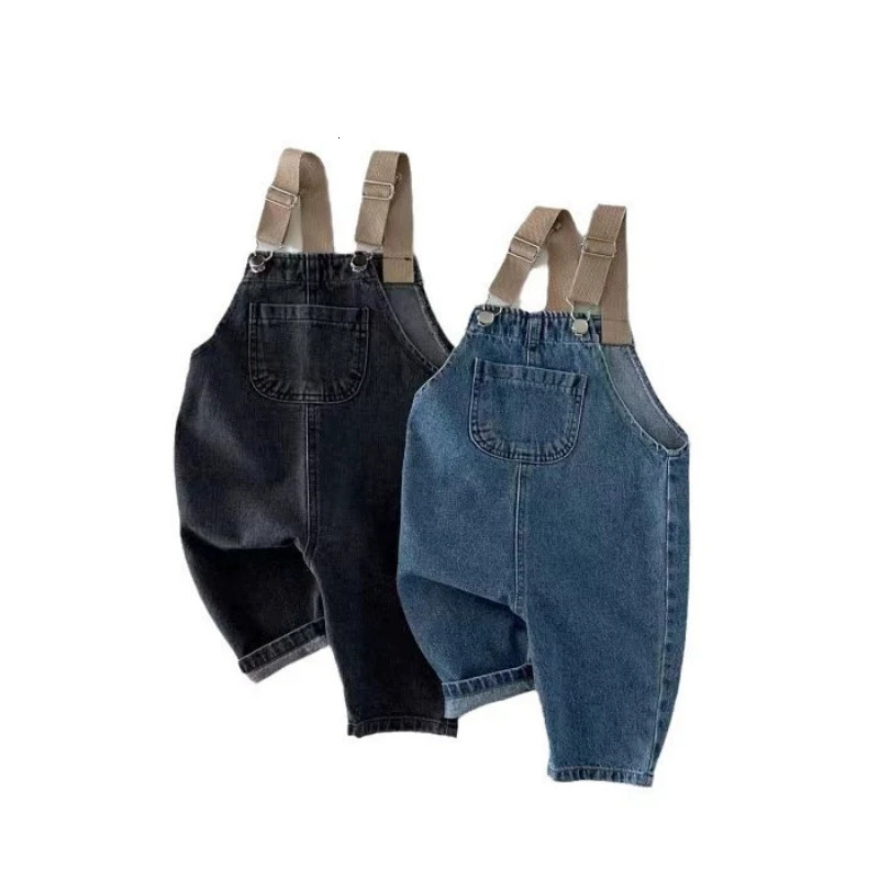 HY230201 Korean Style Color Block Baby Overalls Boys Girls Spring Autumn Denim Pants Pure Versatile Unisex Rompers 260311