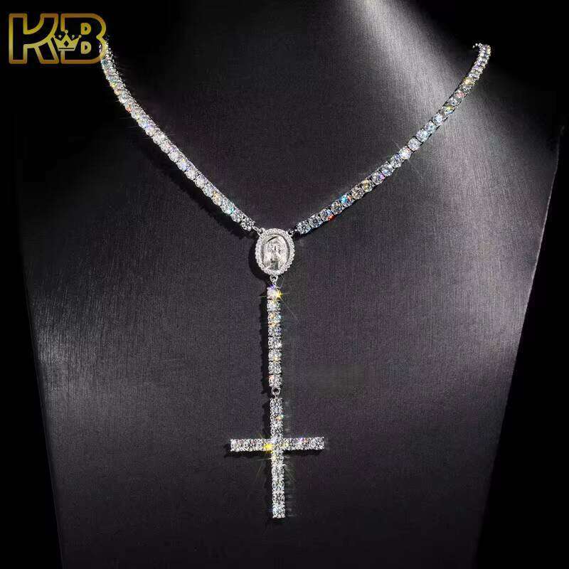 Luxurious Pure Sier Hip-Hop Rosary Necklace 4mm VVS Moissanite Unisex Cross Pendant Chain| Chilled Jewelry 123