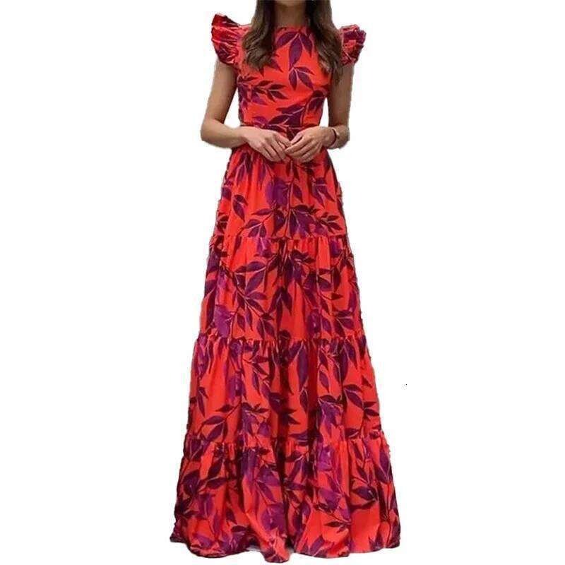Vacation Women Floral Print Vestidos Summer Women's Fashionable Printed Round Neck Long Ruffle Edge Sexy Hollow Lace Up Dresses C260312