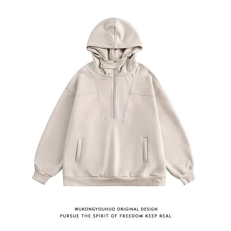 Half-zip Lapel Suede Long-sleeve Designer Hoodie Sweatshirt For Men New Spring/autumn Style Loose-fitting Retro Pullover Trendy Men's Clothing