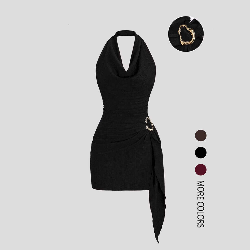 European and American cross-border women's fashion solid color V-neck halter neck backless dress