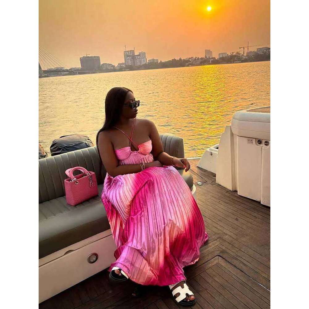 Women's Halter Top Prom Dresses Pleated Elegant Pink Backless Maxi Summer Dress Evening Wear Sexy Outfit C260311