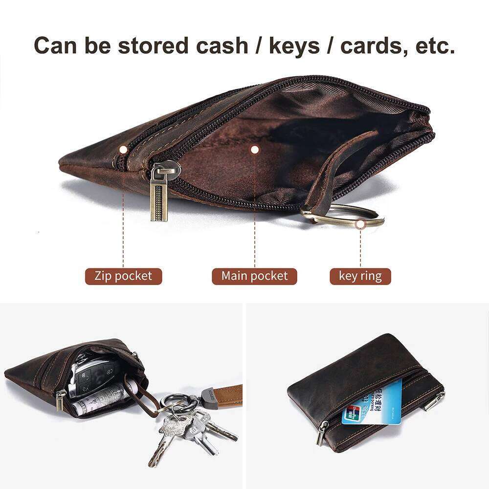 JOYIR Vintage Crazy Horse Leather Men's Coin Purse Card with Ring Cash Change Wallet Key Holder Money Pouch