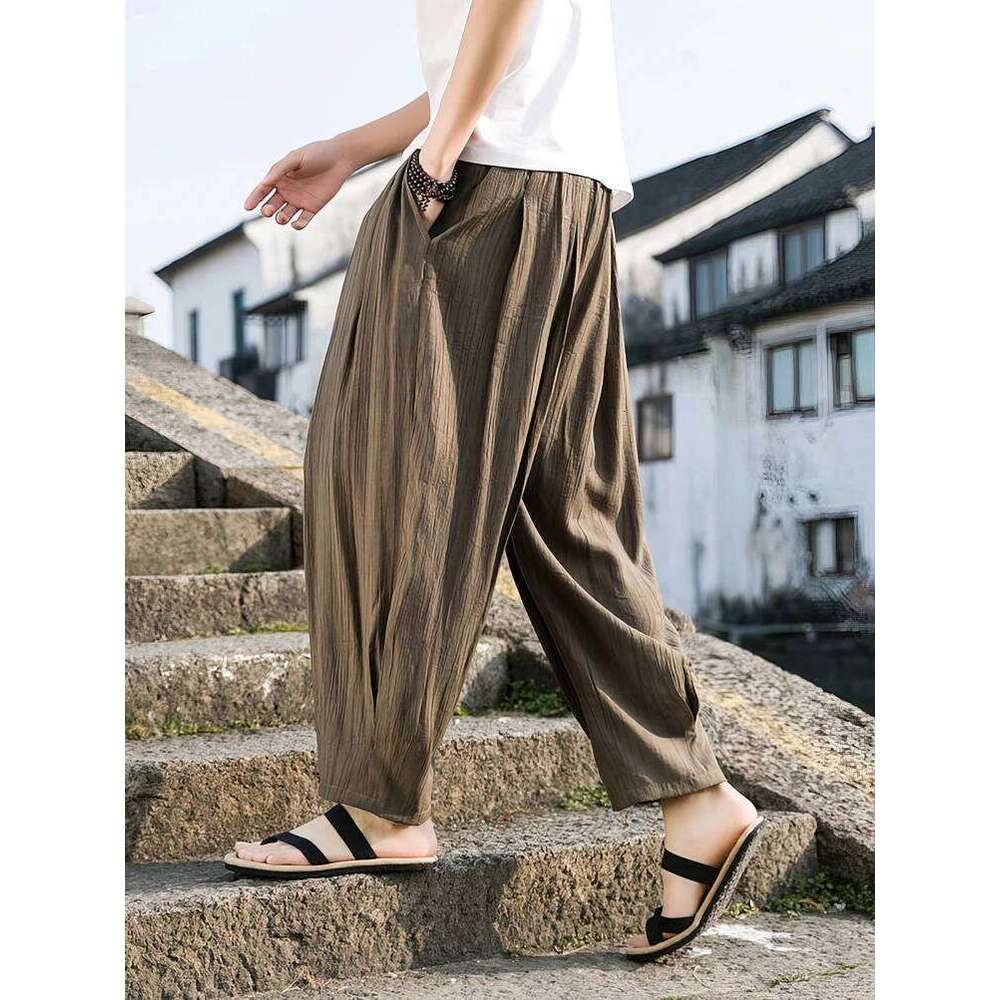 Ice Silk Casual Linen Pants Men Oversize Chinese Summer Wide leg Baggy Sweatpants Male Outdoor Sport Harem Trousers