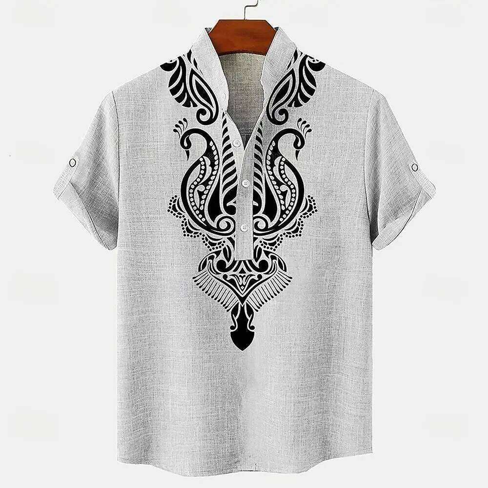 Digital printed retro pattern, fashionable trend, street outdoor, high-quality and comfortable linen men's short sleeved shirt