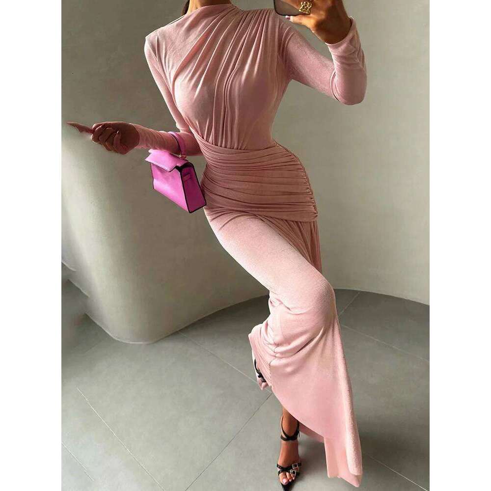 Nibber Folds Maxi Dress Women o-Neck Full Sleeve Solid Banquet Elegant Vacation Fashion Autumn Skinny Casual Simple Vestidos C260312