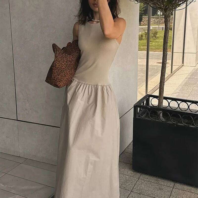 HXAO Black Women Slim Simple O Neck Sleeveless Long Holiday Street Casual Dresses 2025 Women's Summer Dress C260312