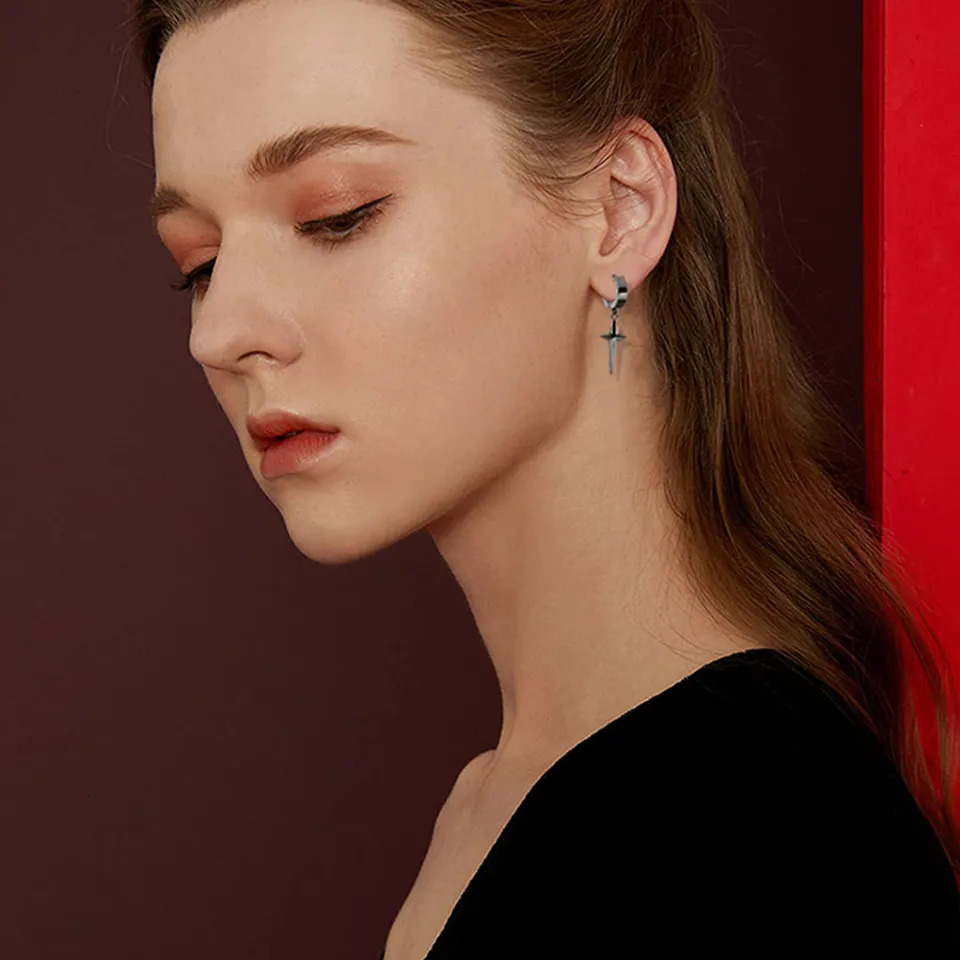 2/4pcs Punk Stainless Steel Cross Star Dangle Drop Earrings Kpop Geometry Huggie Hoop Earrings for Men Women Statement Jewelry 260302