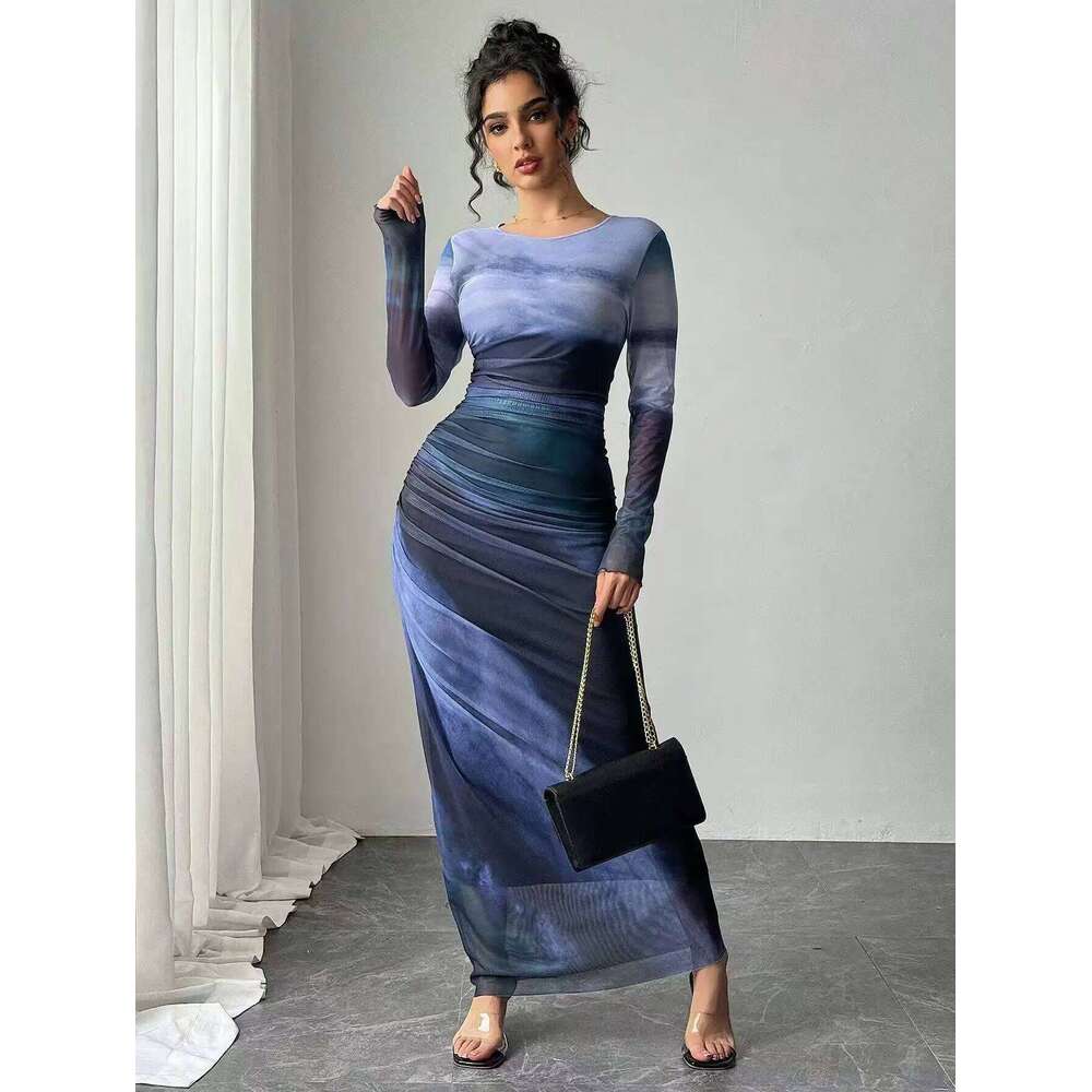 Fashionable Mesh Printed Pleated Sexy Tight Maxi Dress Woman Ruched Bodycon Elegant for Party and Evening C260312