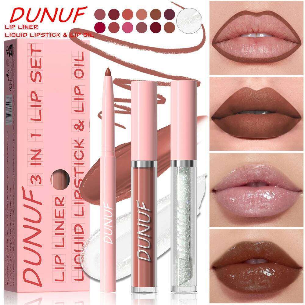 Matte Liner Gloss Lip Oil Set, 3-in-1 Waterproof Non-sticky Long-Lasting Lipstick, Nude Deep Red Mauve, Christmas Makeup W260311