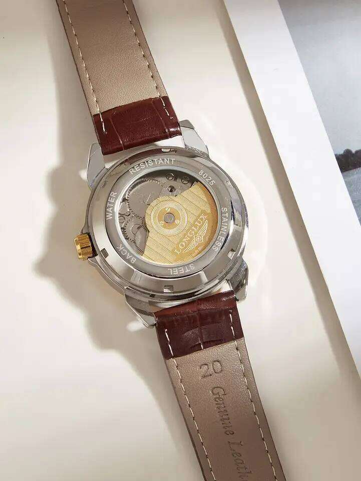 LONGLUX automatic man business leisure dating mechanical wristwatches day date waterproof leather mens watch men gift