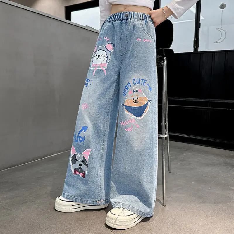 2026 Cartoon Fashion Pattern Jeans for Girl Loose Straight Denim Pants Lovely Print Kids Spring Autumn Korea Style Long Trousers 260311
