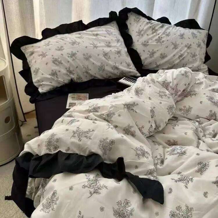 Korean Style Small Floral Washed Cotton Skirt Four-Piece Set Pastoral Lace Quilt Cover Student Dormitory Bed Sheet H260312