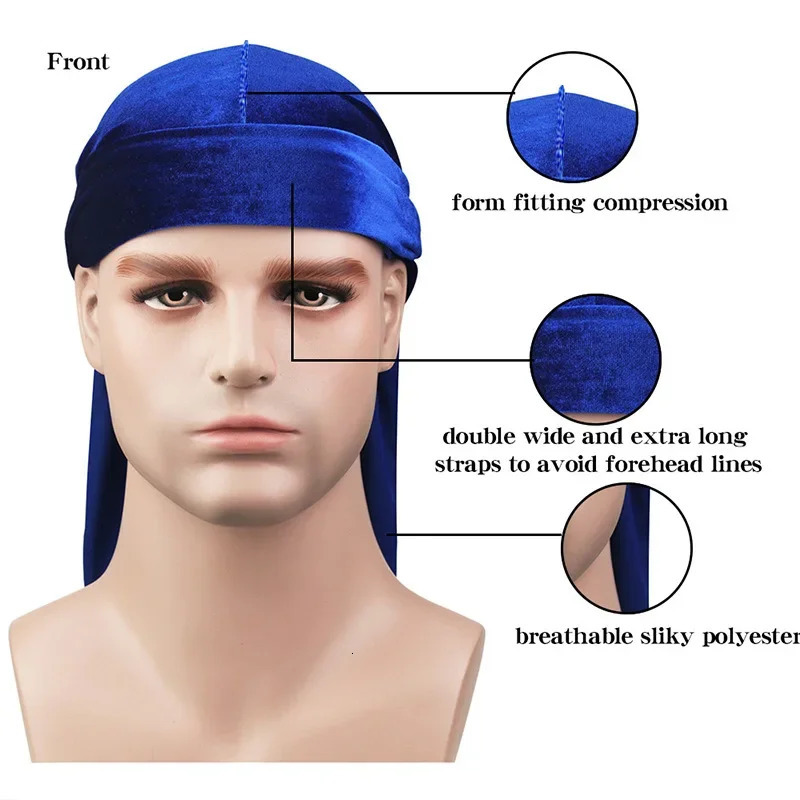 Unisex Women Men Velvet Durag Long Tail Headwrap Bandana Elastic Durags Wave Caps Mens Doo Rag Turban Cap Hip-hop Pirate Hat 260304