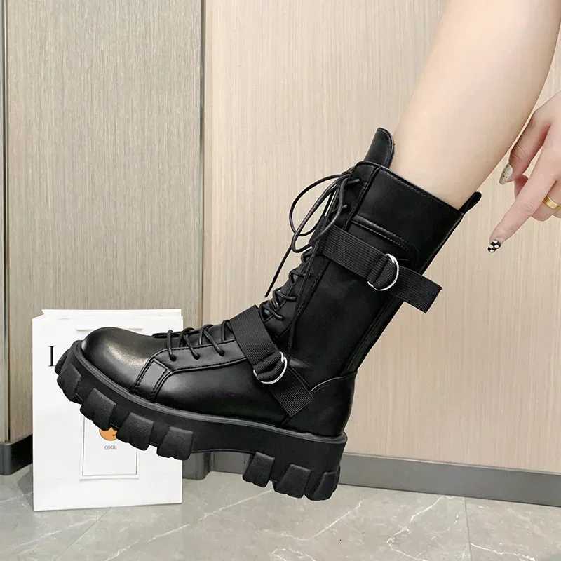 Womens Mid Length Boots 2025 Autumn New British Thick Soled High Rise Mid Length Boots Fashionable Plus Size Motorcycle Boots S260312