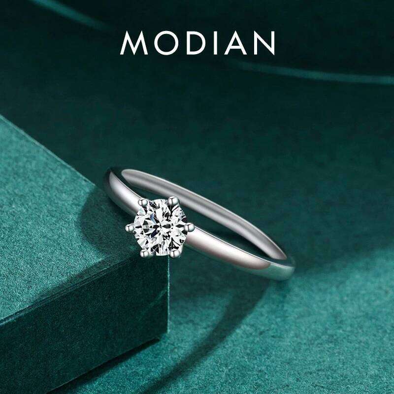 Modian 925 Sterling Silver Classic Simple Round Clear CZ Finger Rings Size 5 6 7 8 9 For Women Wedding Statement Jewelry Gifts H260312