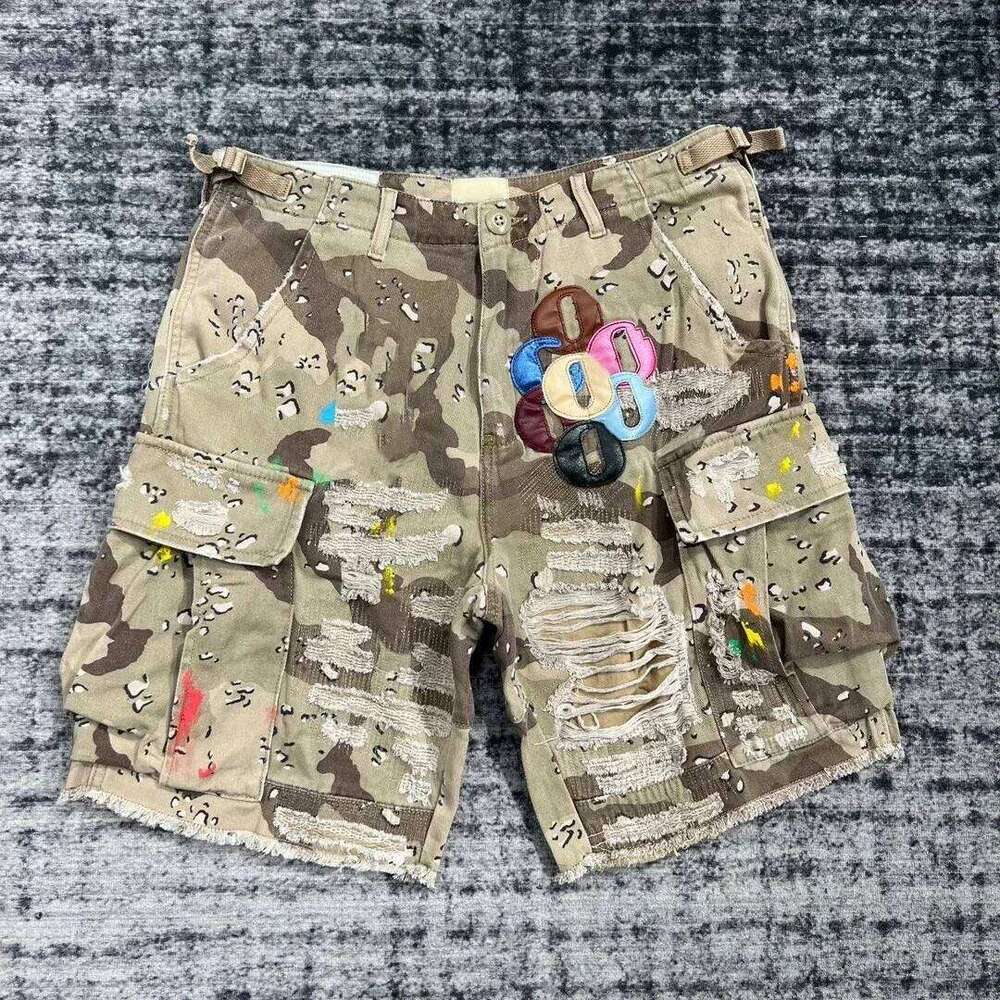 Retro Camouflage Cargo Denim Y2k Jeans Mens Pocket Embroidery Baggy Low Waist Over The Knee Pants Casual Shorts