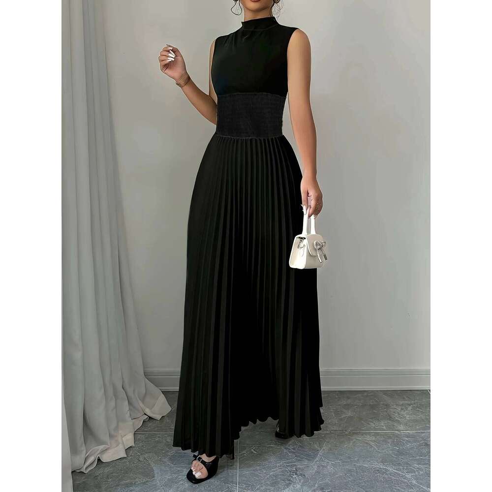 Women's Oversized Woven Casual Bohemian Maxi Summer A-Line Long Dress with Pockets Full Length Clothing Black C260312