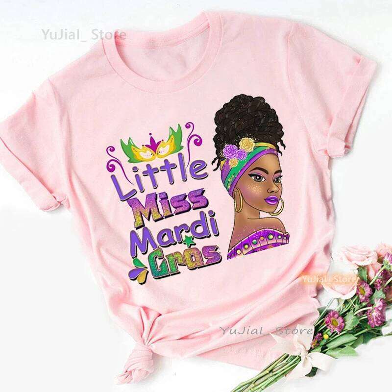 Cute Little Miss Mardi Gras Black Woman Print Pink T Shirt Girls Summer Fashion Short Sleeve Tshirt Female Love Leopard T-Shirt Z260312