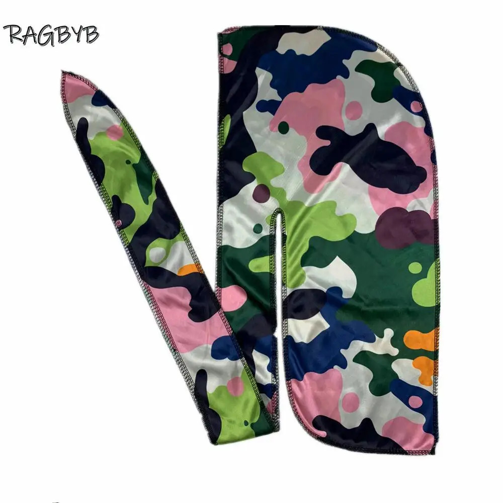 Camo Print Silk Durag Bandanas for Men Silky Durags Long Tail Wave Cap Head Scarf Women Hat Headwrap Durag 260304