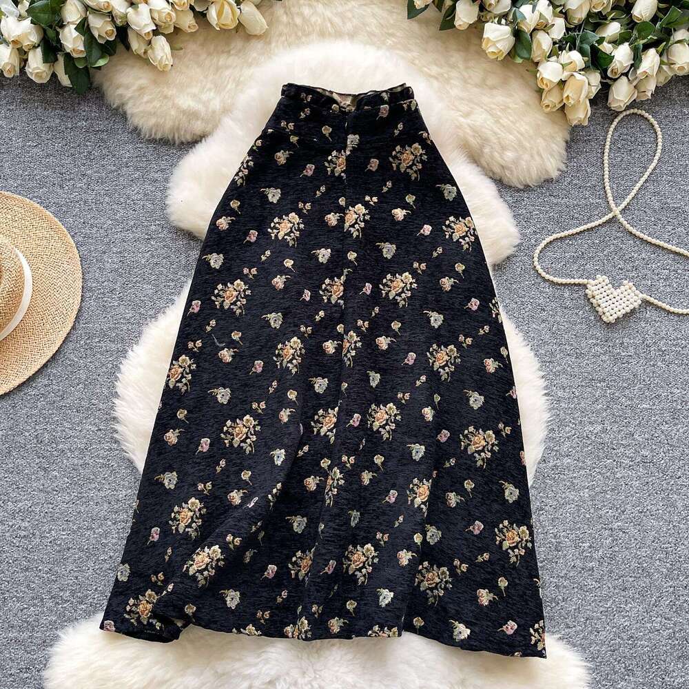 French retro printed women's skirt 2026 autumn and winter high-end fashion high waist A19 slimming elegant multifunctional A-line skirt