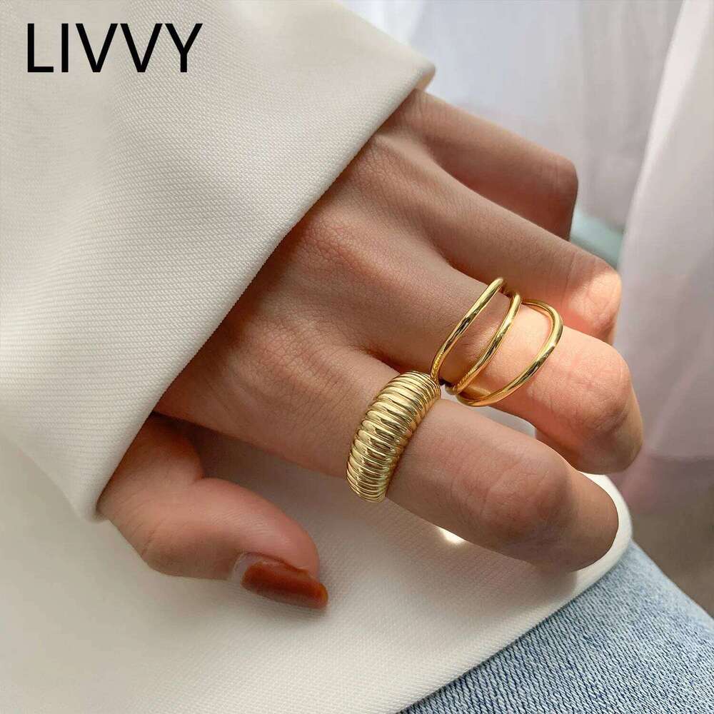 LIVVY Gold Color three layers For Women Vintage Strips Engagement Rings Jewelry 2021 Trend H260312