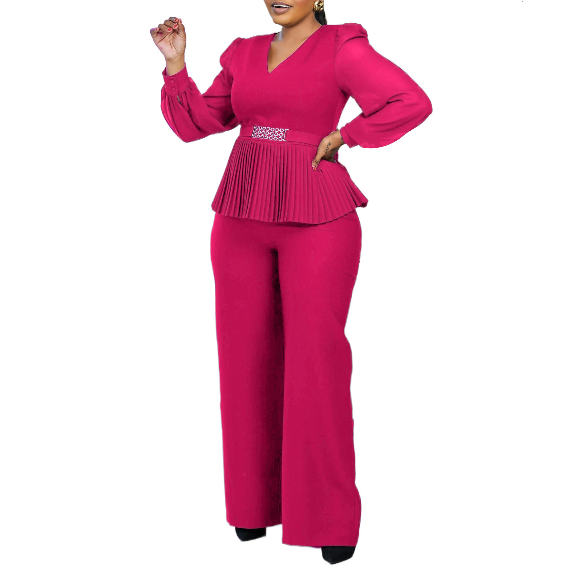 D555 Womens Elegant Fashion Office V-neck Long Sleeve Pleated Waist Top Wide-leg Pants Set