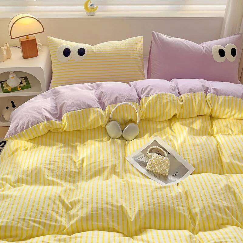 Small Fresh Cream Style Striped Simple Embroidery Big Eyes Four-piece Quilt Cover Bed Sheet Dormitory Three-piece Set H260312