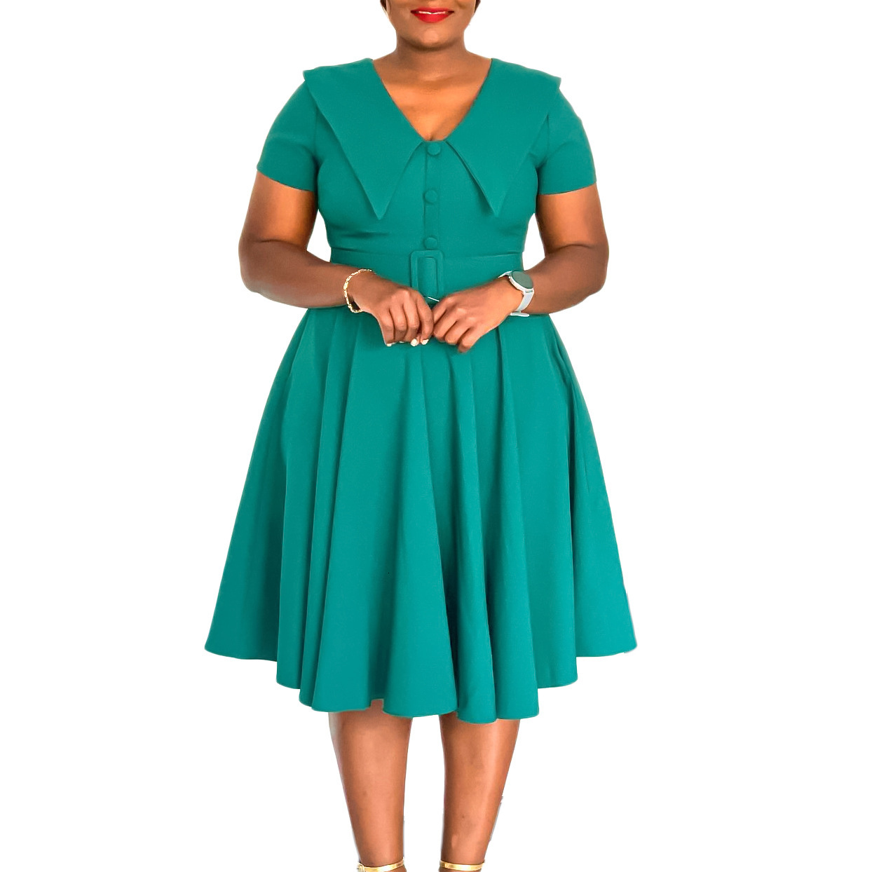 D588 Womens Fashionable Elegant Doll Collar Short Sleeve Stretchy Large Hem Dress