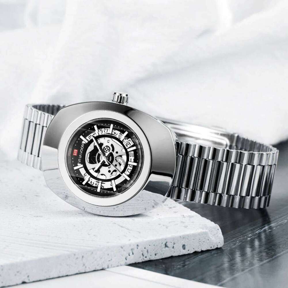 Quartz Fashion Oval Hollow Clock Original Top Business Style 3Bar Stainless Steel Strap Gold Luxury Gift Watch for Men