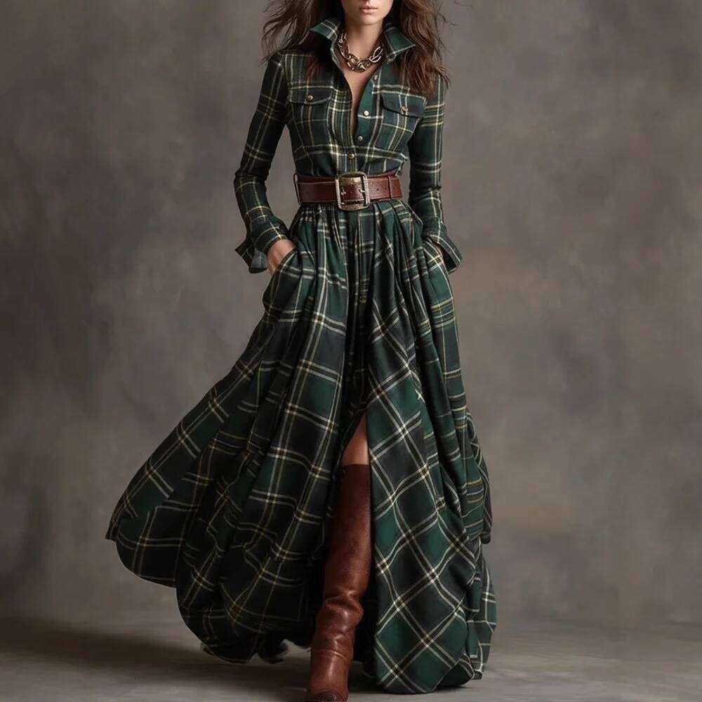 French Women's Plaid Dress Shirt Button Cardigan Lapel Fashion Belt Pocket Irregular Design A-line Long Skirt for Female C260312